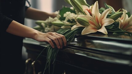 hand on coffin in church with bouquet of flower on the top, last goodbye  - obrazy, fototapety, plakaty
