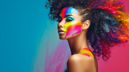 Obraz premium Colorful Beauty Model Portrait. Web banner with empty copy space on the side. Generative AI.