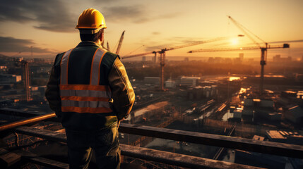 Top View of Engineer in Yellow Vest at Construction Site Sunset