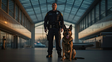 Security officer with police dog at airport. Police dog. Sniffer Dog. Generative Ai