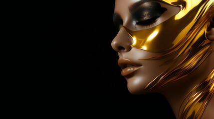 Gold Beauty Model Portrait. Web banner with empty copy space on the side. Generative AI.