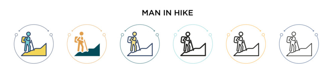 Man in hike icon in filled, thin line, outline and stroke style. Vector illustration of two colored and black man in hike vector icons designs can be used for mobile, ui, web