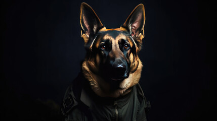 A Service dog of the German Shepherd breed in a police uniform. Police dog. Sniffer Dog. Generative Ai