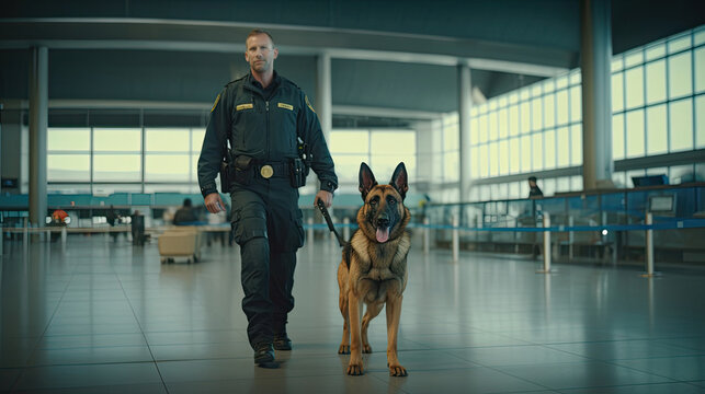 Officer with drug sniffing dog at the airport or train station, customs or police, baggage inspection and immigration control upon arrival. Police dog. Sniffer Dog. Generative Ai