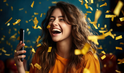 Successful Young Woman Celebrates Prize Win in Studio: A successful young woman celebrates her prize win in a studio, surrounded by gold confetti. - obrazy, fototapety, plakaty