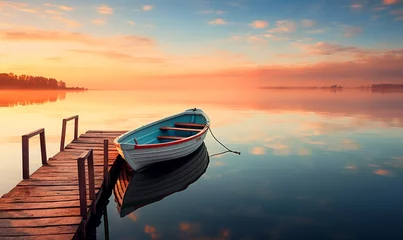 Fotobehang Mistige ochtendstond entspannter Morgen am See am Steg zum Sonnenaufgang