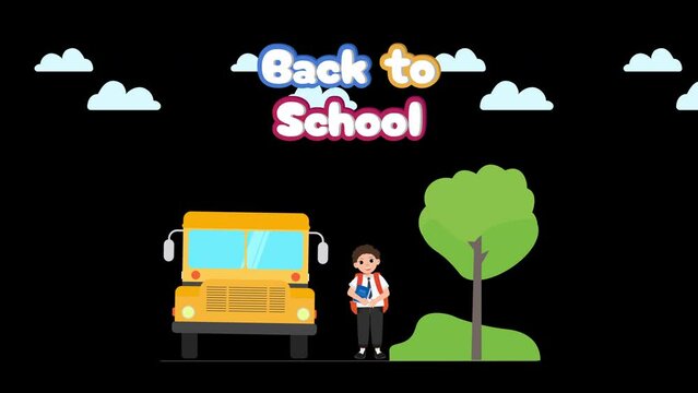 Back to school creative animated banner, 4k alpha channel video. Happy boy in formal uniform will get on the bus to go lesson. 3d text view among the clouds. Cartoon kids education animation.