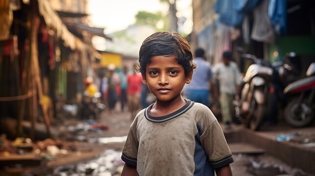 Hunger Poor Poverty. Social inequality, homeless indian kid begging for help, human rights, donate and charity for underprivileged children in third world. Generative AI