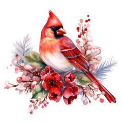 Christmas Bird with Flowers Watercolor Clip Art, Watercolor Illustration, Flowers Sublimation Design, Christmas Clip Art.