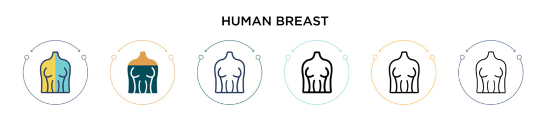 Human breast icon in filled, thin line, outline and stroke style. Vector illustration of two colored and black human breast vector icons designs can be used for mobile, ui, web
