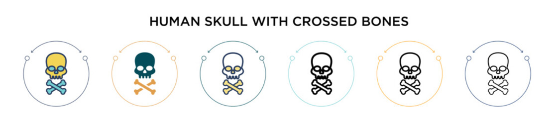 Human skull with crossed bones icon in filled, thin line, outline and stroke style. Vector illustration of two colored and black human skull with crossed bones vector icons designs can be used for