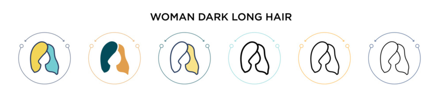 Woman dark long hair icon in filled, thin line, outline and stroke style. Vector illustration of two colored and black woman dark long hair vector icons designs can be used for mobile, ui, web