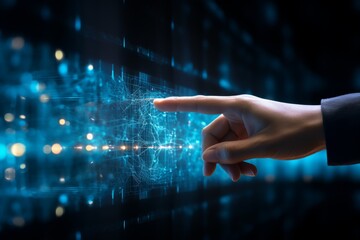 User's hands interacting futuristic technological holographic blue augmented reality user interface UI artificial intelligence abilities in daily life. Close-up human hand experience modern technology