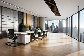 office interior with chairs Empty Modern Loft Office open space modern office footage.Modern open concept Lobby and reception area meeting room design 