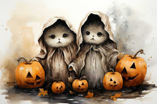 Halloween pumpkins and cat in ghost costume on watercolor background