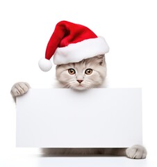 Cat in christmas hat holding banner for Xmas Christmass card created with Generative AI technology