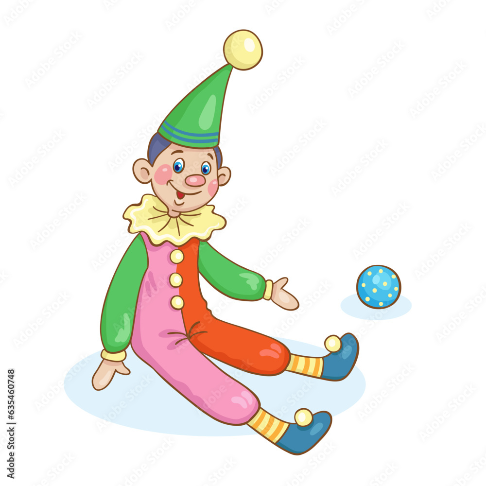 Sticker Kids toys. Funny colorful clown is sitting. In cartoon style. Isolated on white background. Vector illustration