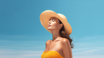 Summer Beauty Model Portrait. Web banner with empty copy space on the side. Generative AI.