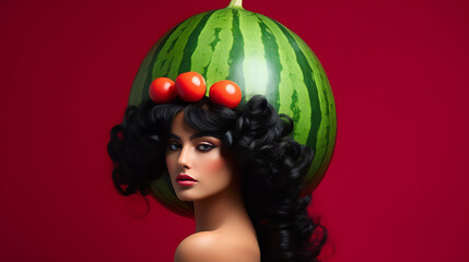 Watermelon Beauty Model Portrait. Web banner with empty copy space on the side. Generative AI. - obrazy, fototapety, plakaty