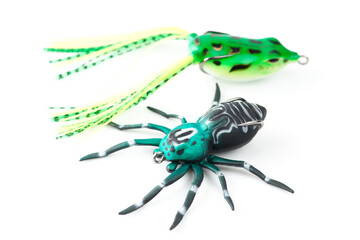 Silicone spider and frog - top water lures for pike or large mouth bass fishing isolated on white