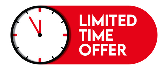 Limited time offer clock isolated on transparent background in red color with shadow.