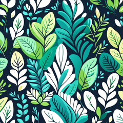 Seamless pattern with leaves and branches on dark blue background.