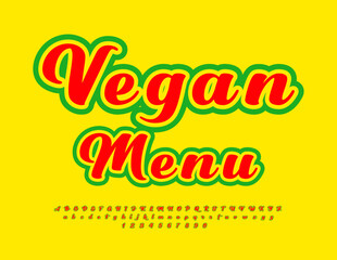 Vector colorful template Vegan Menu. Bright Cursive Font. Handwritten Alphabet Letters, Numbers and Symbols