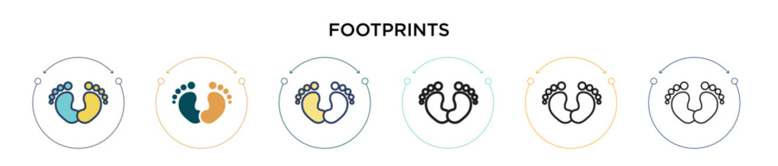 Footprints icon in filled, thin line, outline and stroke style. Vector illustration of two colored and black footprints vector icons designs can be used for mobile, ui, web