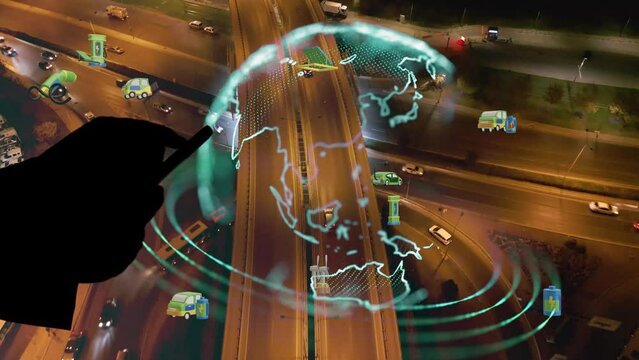 Intelligent Vehicles Cars Communicating Ai Logistic Autonomous Delivery Vehicles IoT GPS Tracking Satellite 5G Smart Roads Traffic Road Junction Interchange Motorway Triangulation Of Traffic Data