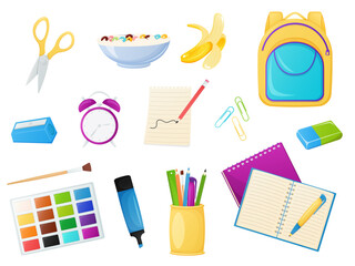 School  supplies set. Education poster, postcard, banner cartoon design element 