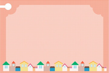 Seamless decoration border frame with colorful house pattern, city town view. Pink background wallpaper. Vector, illustration, EPS10