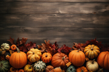 Thanksgiving background: Pumpkins and fallen leaves on wooden background. Copy space for text. Halloween, Thanksgiving day or seasonal background. Generative AI. - obrazy, fototapety, plakaty