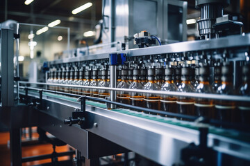 Factory for the production of beer. Brewery conveyor with glass beer drink alcohol bottles, modern production line. Blurred background. Modern production for bottling drinks. Selective focus.