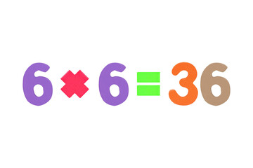 Six multiply Six equals thirty six (6x6=6) Image of simple math addition operation for kids math operation to enhance brain skills. (Plus, minus, multiply, divide) Isolated on cutout PNG.	