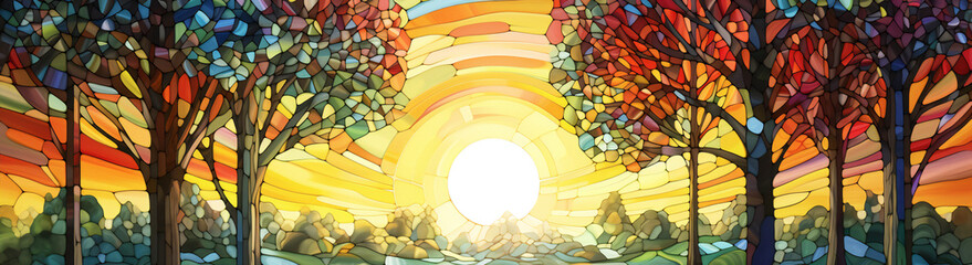 Mosaic stained glass window featuring a beautiful autumn sunset