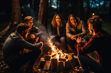 A group of people sitting around the campfire in the night - obrazy, fototapety, plakaty