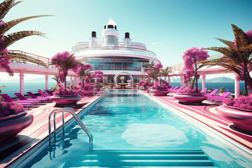 Plakat View on top deck with swimming pool on a cruise ship. Vacation on a cruise ship. Cruise. Descent on the ship.