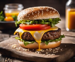 Artistic photo of a hamburger, juicy patty, sesame seed bun, mouthwatering bite, close-up shot, rustic wooden table, natural sunlight, Canon EOS R5, in the style of Gordon Parks
