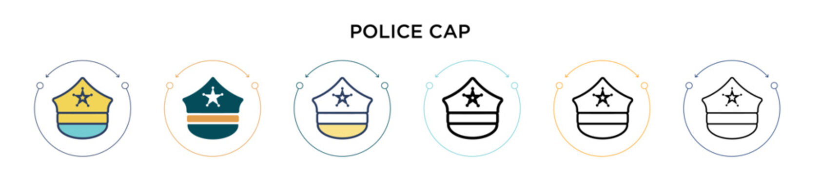 Police cap icon in filled, thin line, outline and stroke style. Vector illustration of two colored and black police cap vector icons designs can be used for mobile, ui, web
