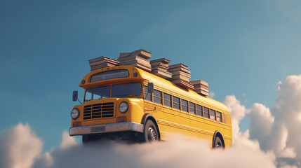 yellow school bus on a cloud, the school bus carries the hopes and dreams of young minds eager to learn,
The yellow school bus is an iconic symbol of education and a familiar