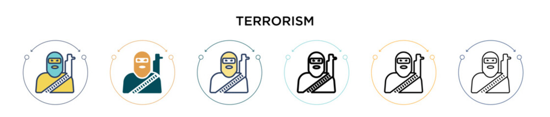Terrorism icon in filled, thin line, outline and stroke style. Vector illustration of two colored and black terrorism vector icons designs can be used for mobile, ui, web