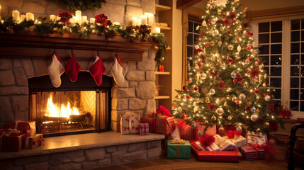 Fototapeta na wymiar Living room with fireplace, decorated Christmas tree with ornaments and twinkling lights, stockings hung on mantel. Magical Christmas atmosphere. Banner. Generative Ai content