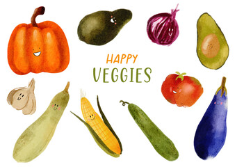 Happy Veggie Vector Watercolor set. Fresh vegetables with smiley faces. Colorful vector printable illustrations, tomato, cucumber, avocado, zucchini