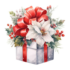 Christmas Gift Box with Flowers Watercolor Clip Art, Watercolor Illustration, Flowers Sublimation Design, Christmas Clip Art.