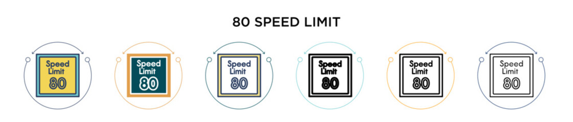 80 speed limit icon in filled, thin line, outline and stroke style. Vector illustration of two colored and black 80 speed limit vector icons designs can be used for mobile, ui, web - obrazy, fototapety, plakaty