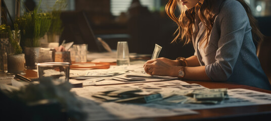 A business woman in a suit is sitting at the table full of money.