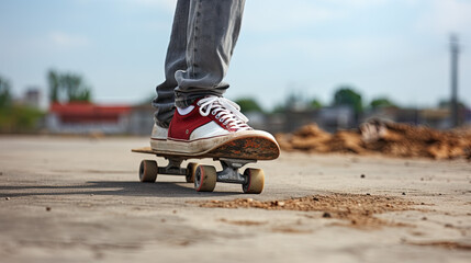 close up of a skateboarder on his skateboard.