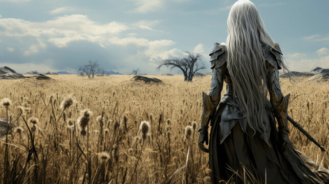 a woman from a fairy tale with white hair and fantasy armor in a field. back view.