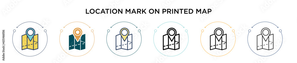 Wall mural location mark on printed map icon in filled, thin line, outline and stroke style. vector illustratio
