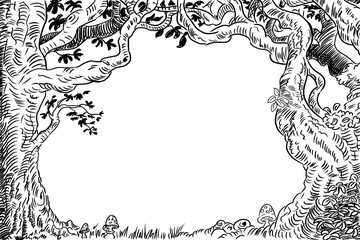 line ink drawing of a frame formed by cartoon trees for copy space